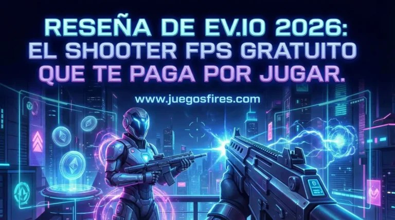 ev.io Review 2026: El Shooter FPS Gratuito que Te Paga por Jugar el titulo de la imagen que siempre este en español y que tenga el nombre abajo de mi web llamada www.juegosfires.com que sea una imagen moderno igual con las letras que sea todo llamativo